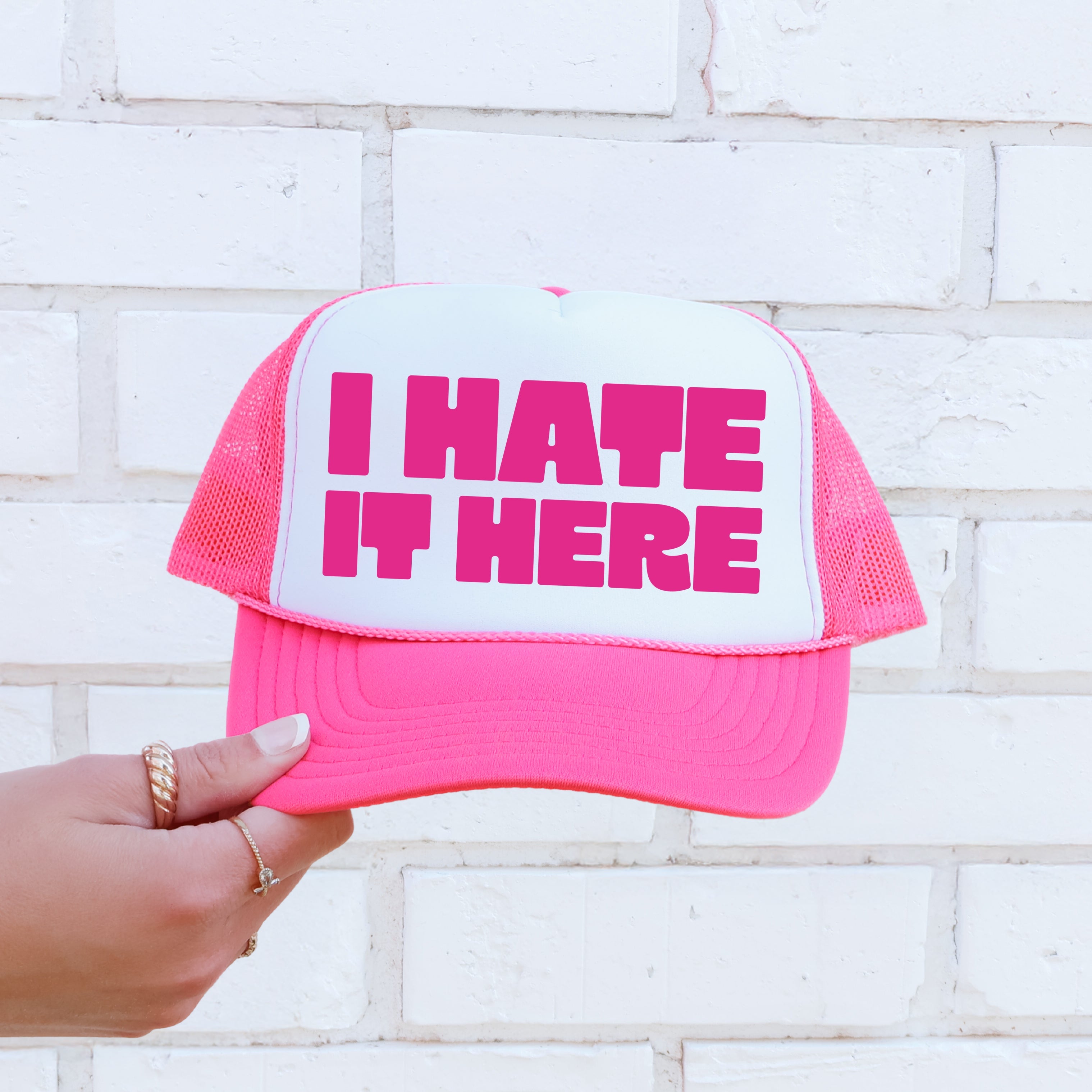 I Hate It Here, Sassy, Funny, Bright Pink Snapback Trucker Hat