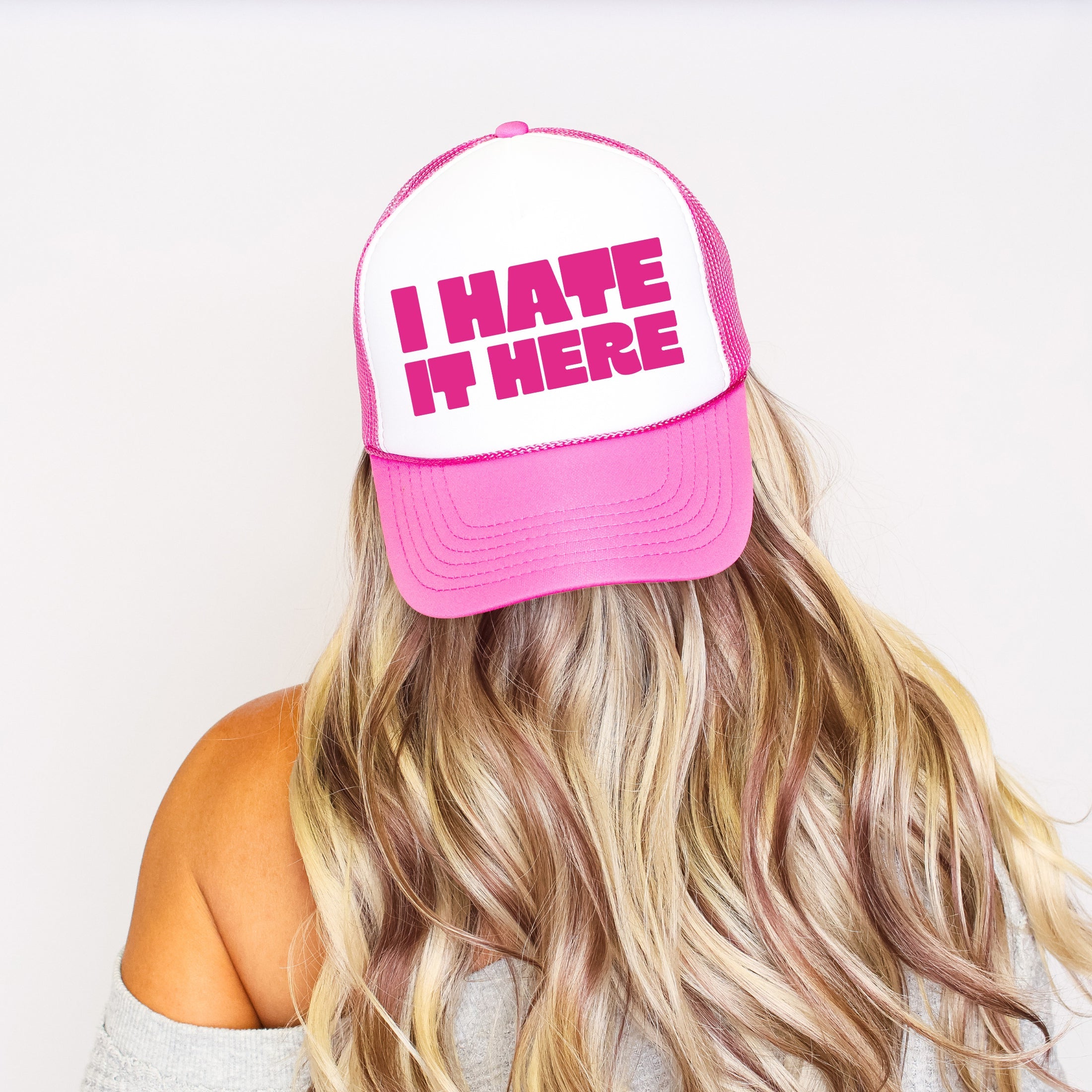 I Hate It Here, Sassy, Funny, Bright Pink Snapback Trucker Hat