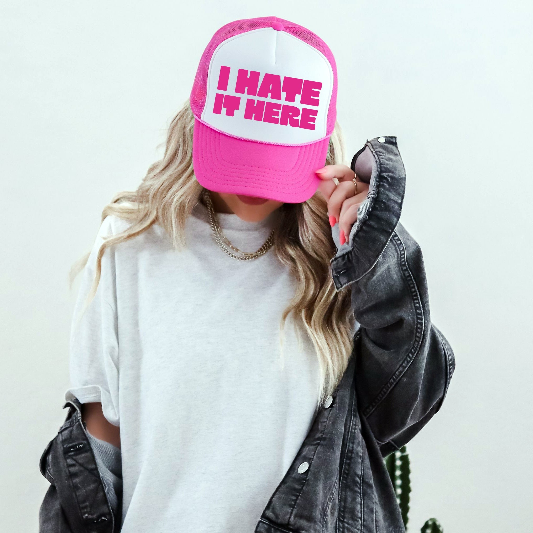 I Hate It Here, Sassy, Funny, Bright Pink Snapback Trucker Hat