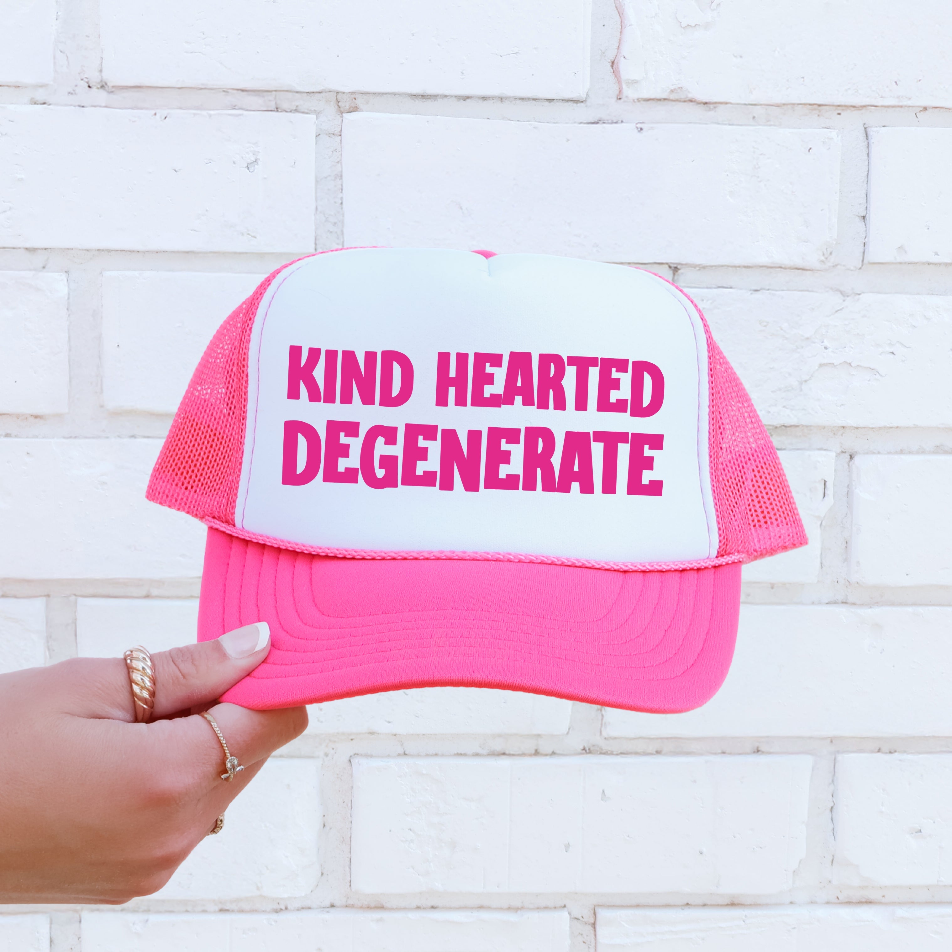 Kind Hearted Degenerate, Sassy, Funny, Bright Pink Snapback Trucker Hat