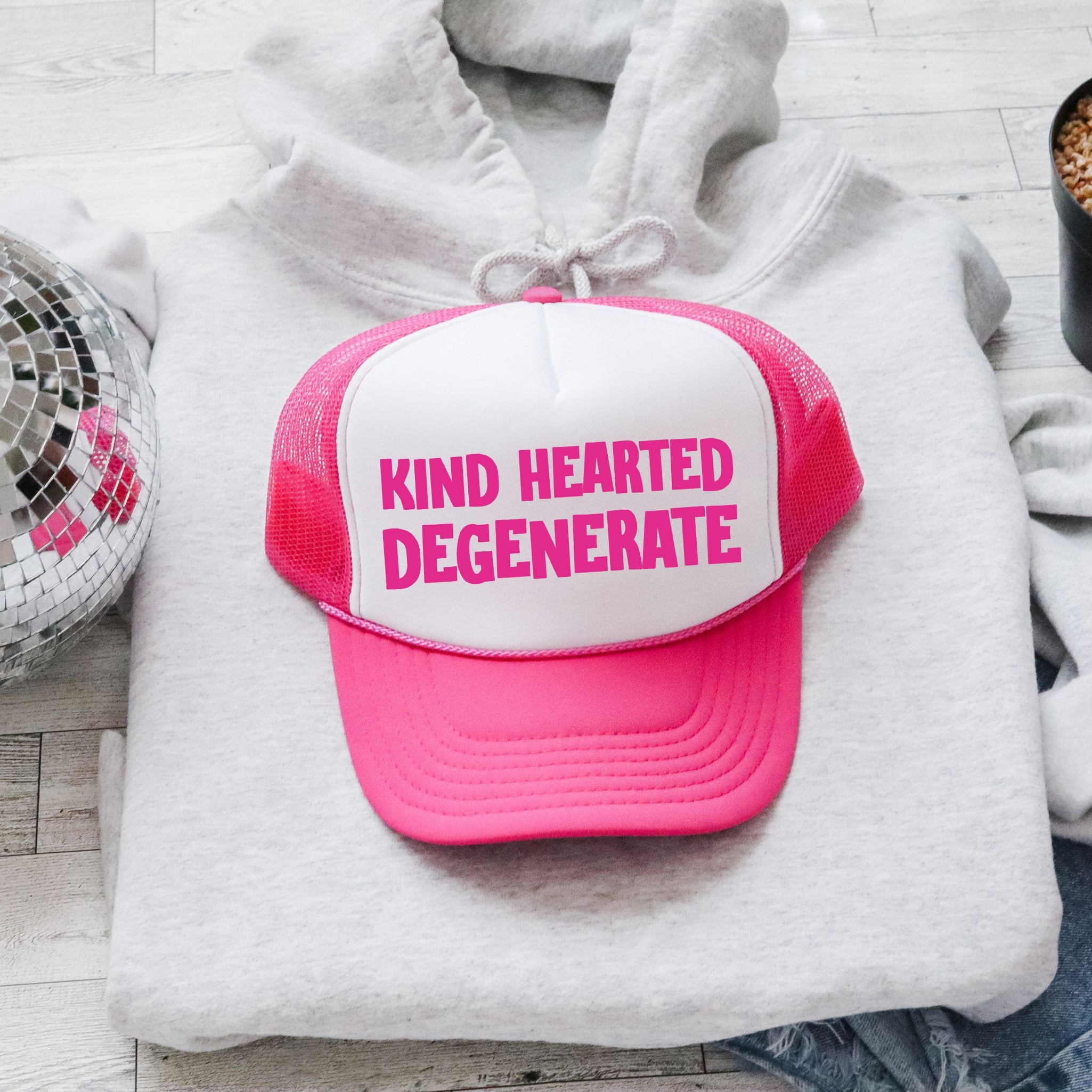 Kind Hearted Degenerate, Sassy, Funny, Bright Pink Snapback Trucker Hat